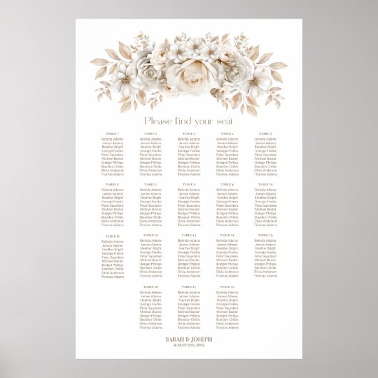 18 Tafel Wit Bloemen Bruiloft Zitkaarten Poster (Voorkant)