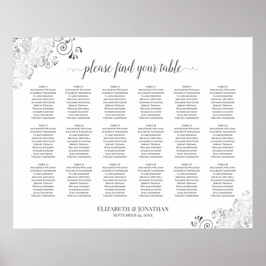18 Tafel Wit Wedding Seating Chart Zilveren Frills Poster (Voorkant)