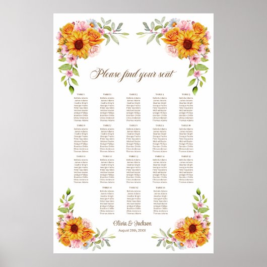 18 Tafel Zonnebloem Roos Trouwstoelkaart Poster (Voorkant)