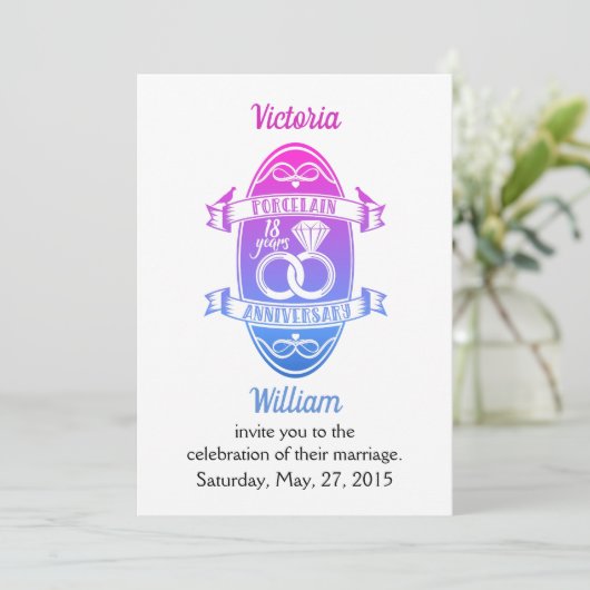 18 traditioneel porselein 18e trouwdagjubileum kaart (Staand voorkant)