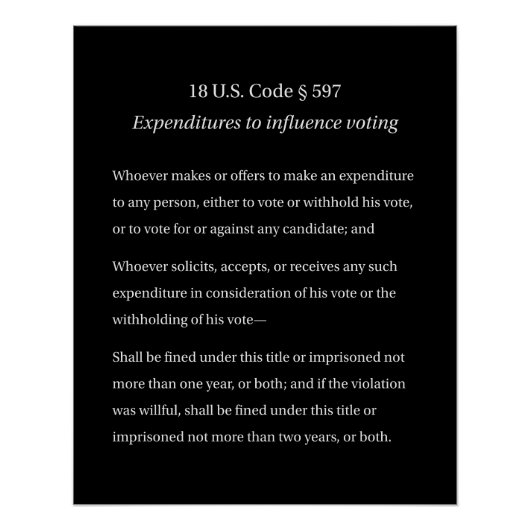 18 US Code 597 Uitgaven om Stemmen te Beïnvloeden Perfect Poster (Voorkant)