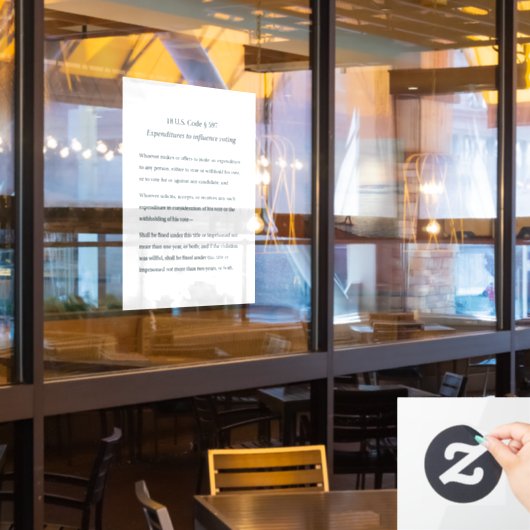 18 US Code 597 Uitgaven om Stemmen te Beïnvloeden Raamsticker (Restaurant Raam)