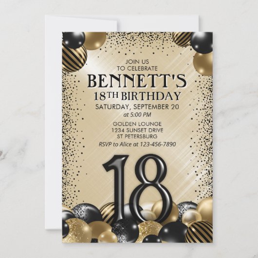 18e ballonnen zwart goud verjaardag kaart (Voorkant)