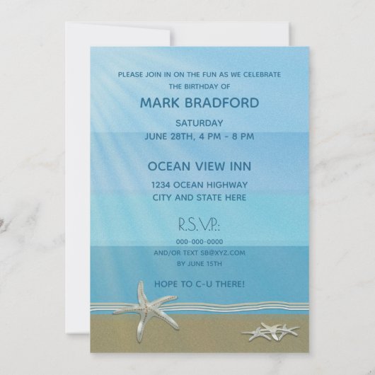 18e Biorthday Invitation, Ocean, Starfish, Name Kaart (Achterkant)