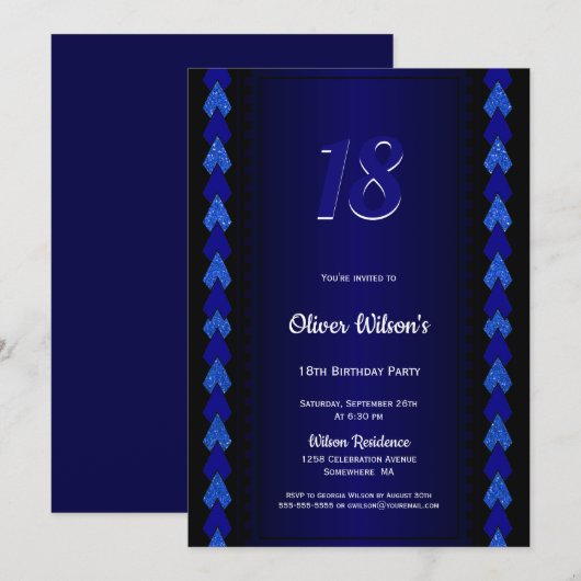 18e Birthday Black en Blue Party Kaart (Voorkant / Achterkant)