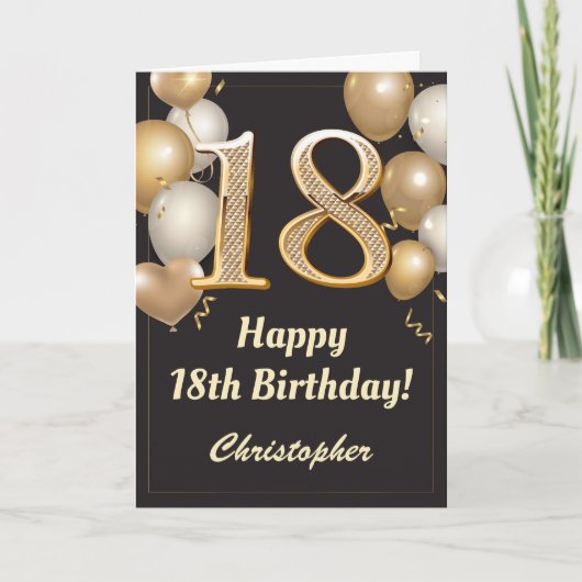 18e Birthday Black en Gold Balloons Confetti Kaart (Voorkant)