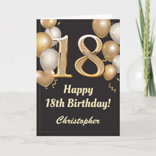 18e Birthday Black en Gold Balloons Confetti Kaart