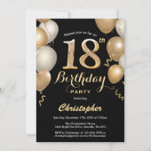 18e Birthday Black en Gold Balloons Confetti Kaart (Voorkant)