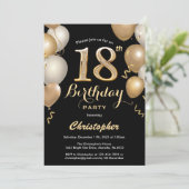 18e Birthday Black en Gold Balloons Confetti Kaart (Staand voorkant)