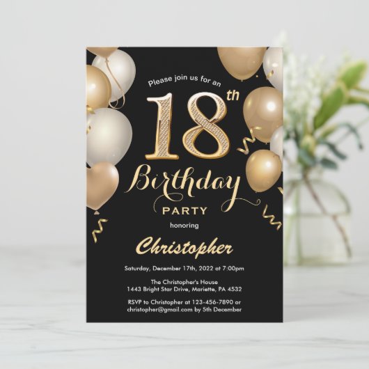 18e Birthday Black en Gold Balloons Confetti Kaart (Staand voorkant)