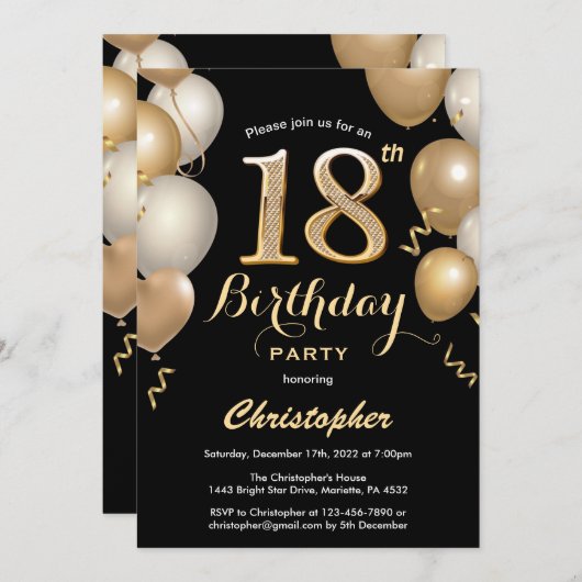 18e Birthday Black en Gold Balloons Confetti Kaart (Voorkant / Achterkant)