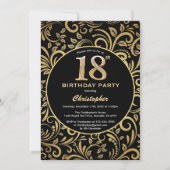 18e Birthday Black en Gold Floral Pattern Kaart (Voorkant)