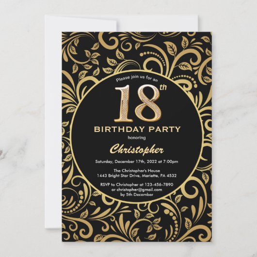 18e Birthday Black en Gold Floral Pattern Kaart (Voorkant)
