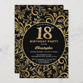 18e Birthday Black en Gold Floral Pattern Kaart (Voorkant / Achterkant)