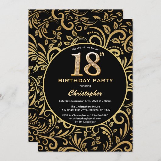 18e Birthday Black en Gold Floral Pattern Kaart (Voorkant / Achterkant)