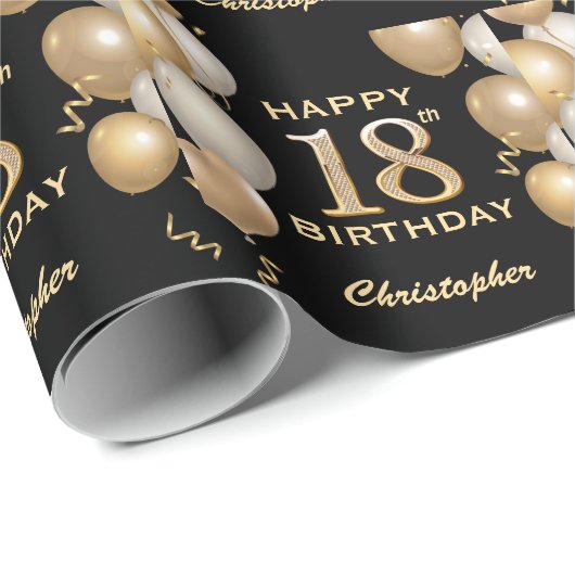 18e Birthday Black en Gold Glitter Balloons Cadeaupapier (Rol Hoek)
