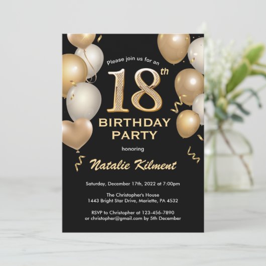 18e Birthday Black en Gold Glitter Balloons Kaart (Staand voorkant)