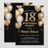 18e Birthday Black en Gold Glitter Balloons Kaart (Voorkant / Achterkant)