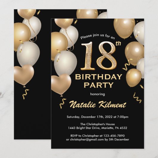 18e Birthday Black en Gold Glitter Balloons Kaart (Voorkant / Achterkant)