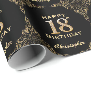 18e Birthday Black en Gold Glitter Lijst Cadeaupapier