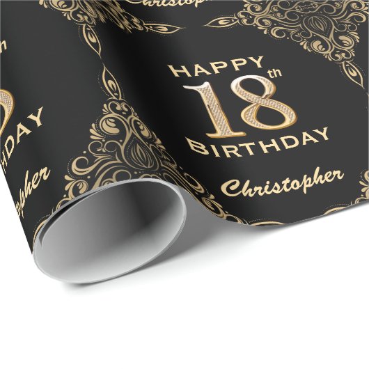 18e Birthday Black en Gold Glitter Lijst Cadeaupapier (Rol Hoek)