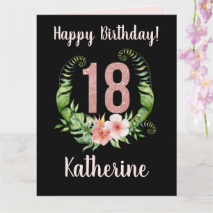 18e Birthday Black Floral Name Card Kaart