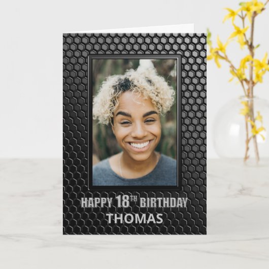 18e Birthday Black Geometric Pattern Aangepaste fo Kaart (Gele Bloem)