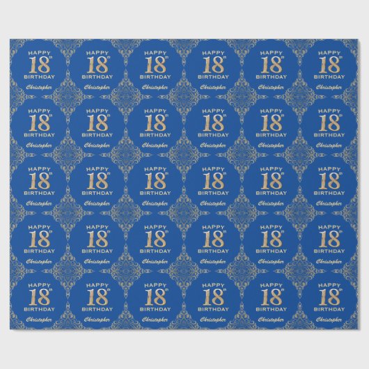 18e Birthday Blue en Gold Glitter Lijst Cadeaupapier (Vlak)