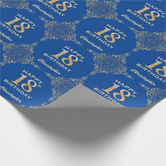 18e Birthday Blue en Gold Glitter Lijst Cadeaupapier (Hoek)