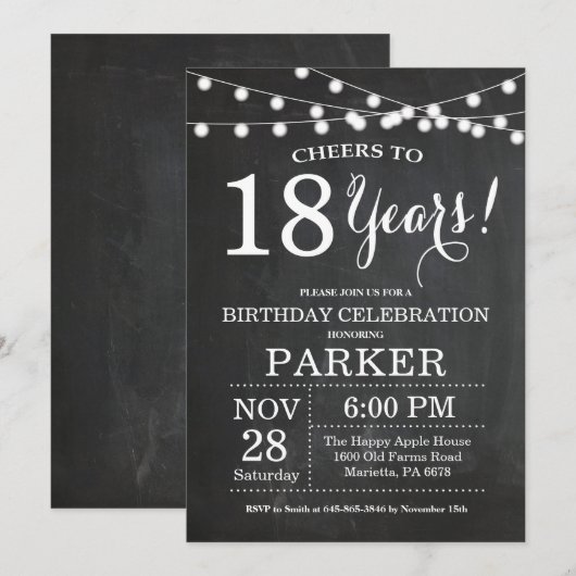 18e Birthday Invitation Chalkboard Kaart (Voorkant / Achterkant)