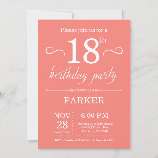 18e Birthday Invitation Coral Kaart (Voorkant)