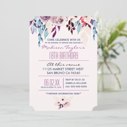 18e Birthday Paars & Turquoise Waterverf Flower Kaart (Staand voorkant)