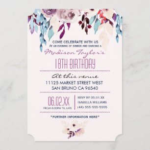 18e Birthday Paars & Turquoise Waterverf Flower Kaart