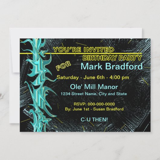 18E BIRTHDAY PARTIJINVITATIE - BLAUW/ZWARTE/GEEL KAART (Achterkant)