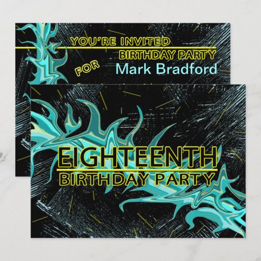 18E BIRTHDAY PARTIJINVITATIE - BLAUW/ZWARTE/GEEL KAART (Voorkant / Achterkant)