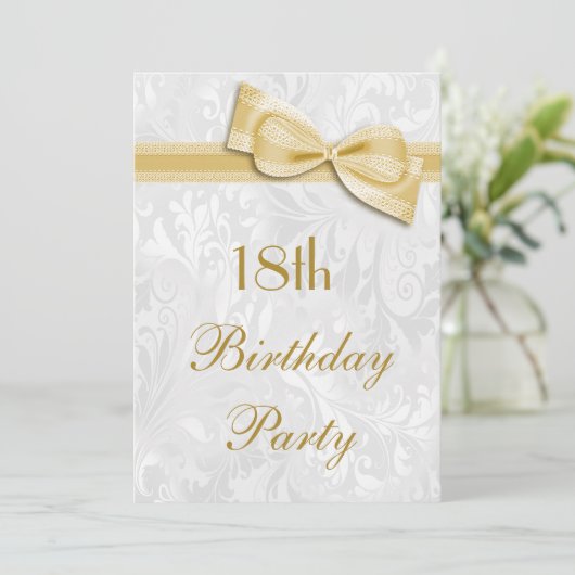 18e Birthday Party Damask en Faux Bow Kaart (Staand voorkant)