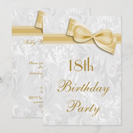 18e Birthday Party Damask en Faux Bow Kaart (Voorkant / Achterkant)