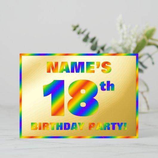 18e Birthday Party — Fun, regenboogspectrum "18" Folie Uitnodiging (Staand Voorkant)