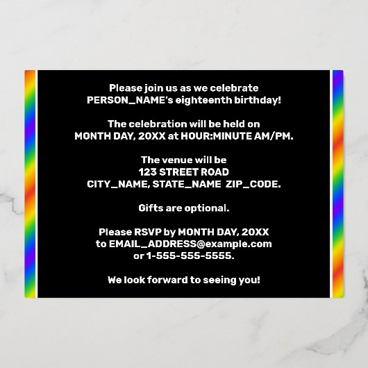 18e Birthday Party — Fun, regenboogspectrum "18" Folie Uitnodiging (Achterkant)