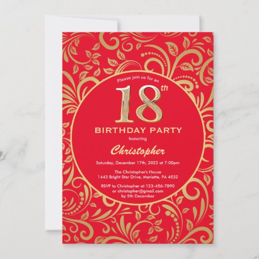 18e Birthday Red en Gold Floral Pattern Kaart (Voorkant)