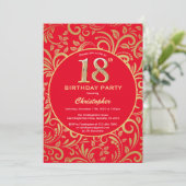 18e Birthday Red en Gold Floral Pattern Kaart (Staand voorkant)