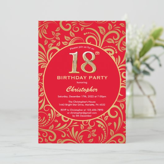 18e Birthday Red en Gold Floral Pattern Kaart (Staand voorkant)