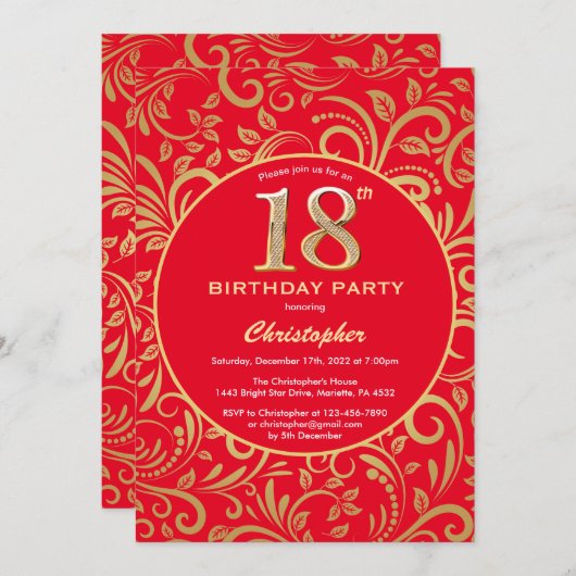 18e Birthday Red en Gold Floral Pattern Kaart (Voorkant / Achterkant)