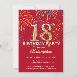 18e Birthday Red en Gold Rainbow Fireworks Kaart