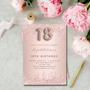 18e 'Birthday' roos gouden zwarte glitterdruppels Kaart