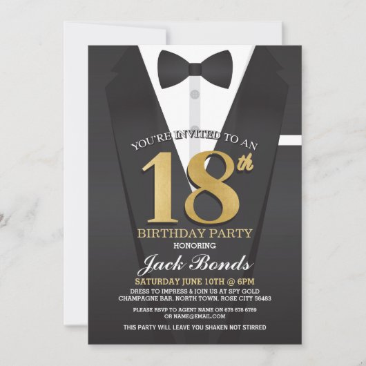 18e Birthday Spy Suit Black stropdas Gold Invitati Kaart (Voorkant)