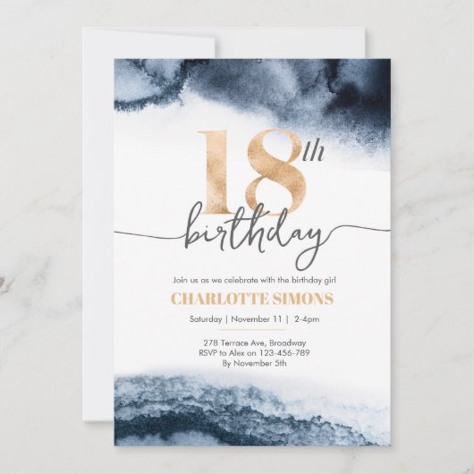 18e Birthday-uitnodiging waterverf en goud Kaart (Voorkant)