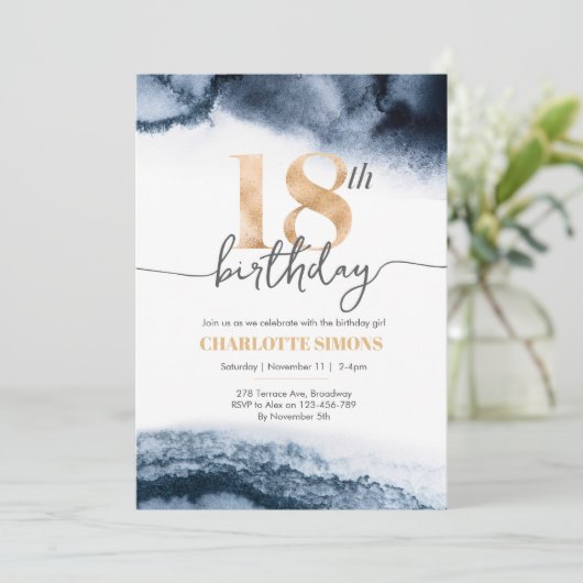 18e Birthday-uitnodiging waterverf en goud Kaart (Staand voorkant)