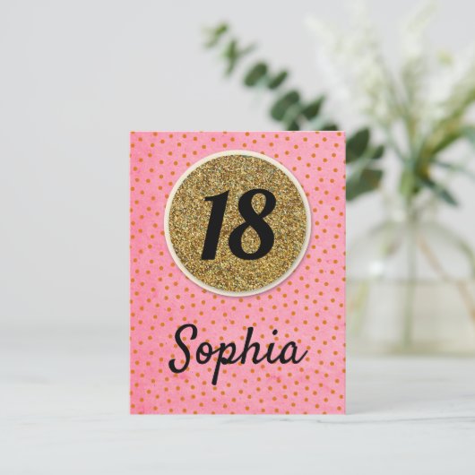 18e - Birthday wenst roze glitter card girl Briefkaart (Staand voorkant)