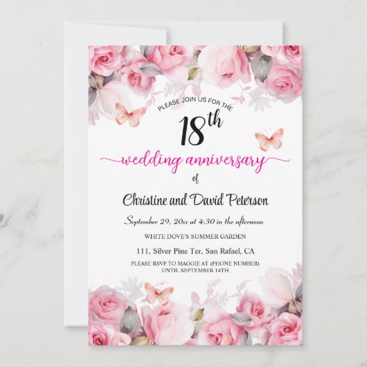 18e bruiloft Jubileum Elegante Blush Rozen Kaart (Voorkant)